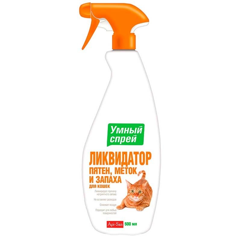 Устранить неприятный запах кошачьей мочи поможет «Умный спрей». Цена — около 250 рублей